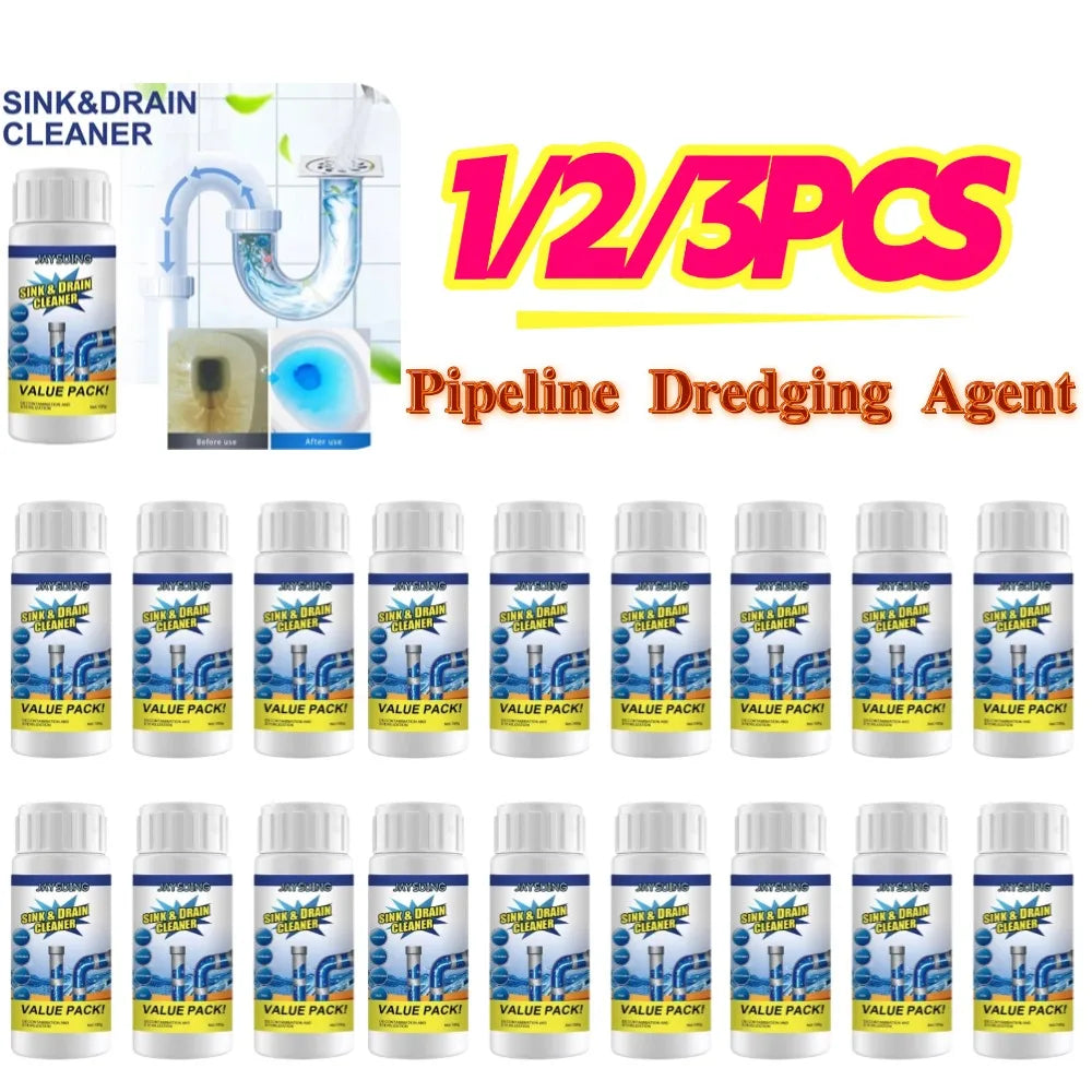 Limpador de drenagem de pia poderoso, 100g, alta eficiência, removedor de entupimento, esgoto de cozinha, canal de tubulação de energia, ferramentas de limpeza em pó
